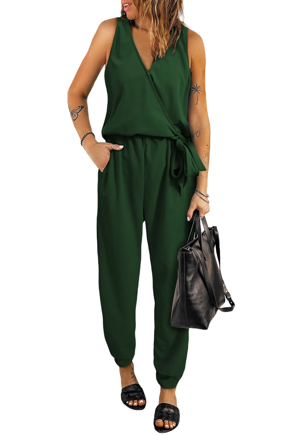 Deep V-Neck Sleeveless Solid Jumpsuit