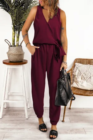 Deep V-Neck Sleeveless Solid Jumpsuit