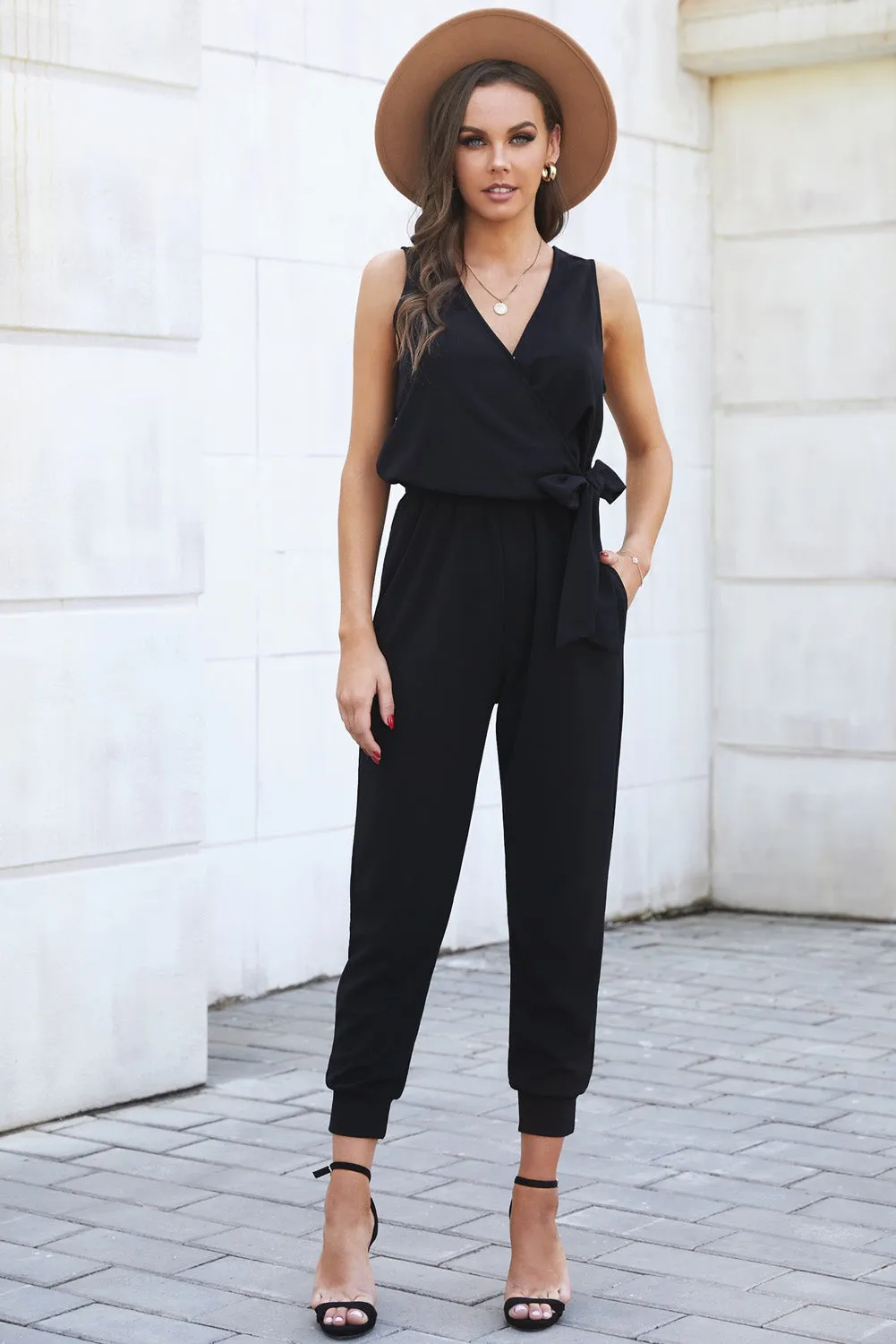 Deep V-Neck Sleeveless Solid Jumpsuit