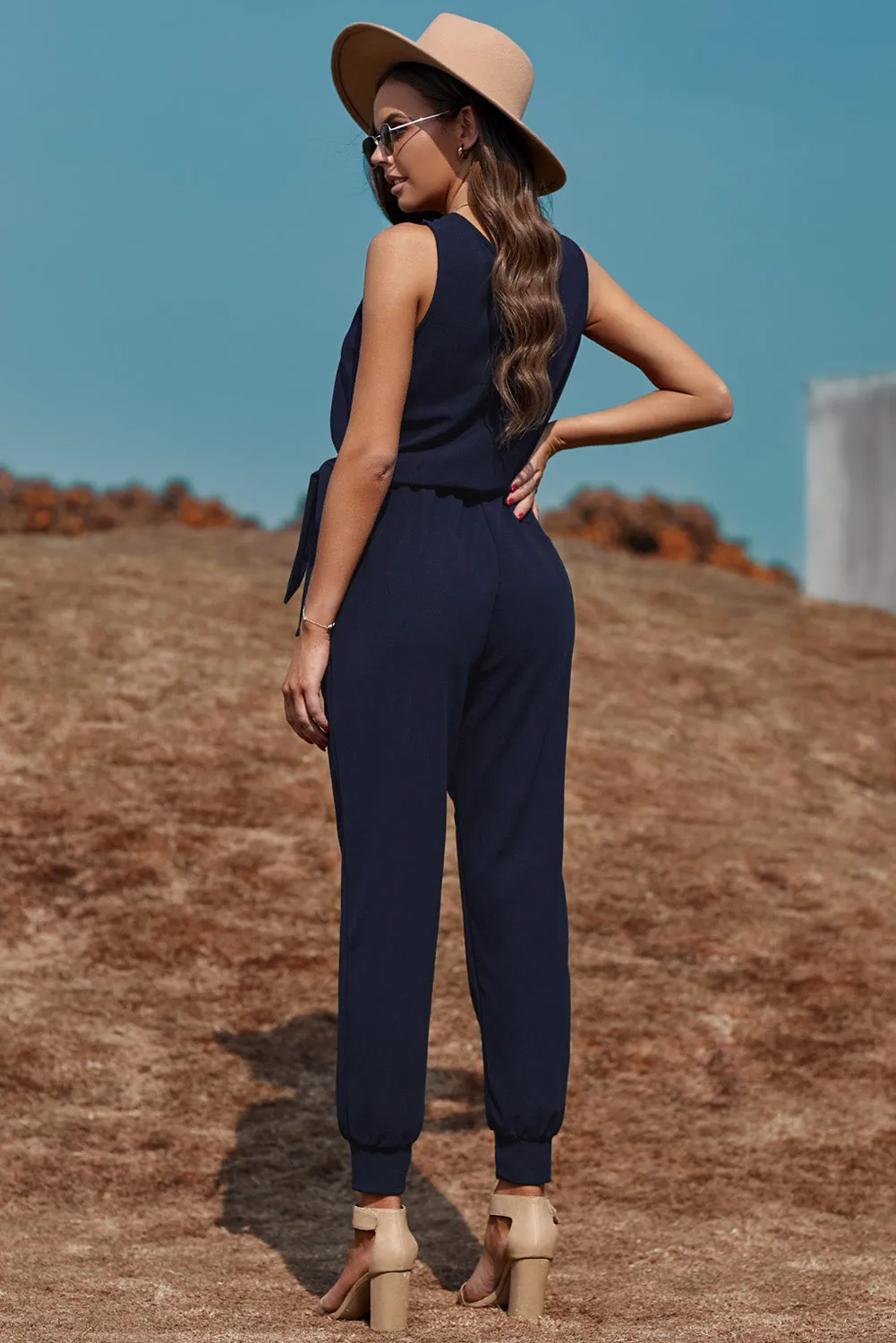 Deep V-Neck Sleeveless Solid Jumpsuit