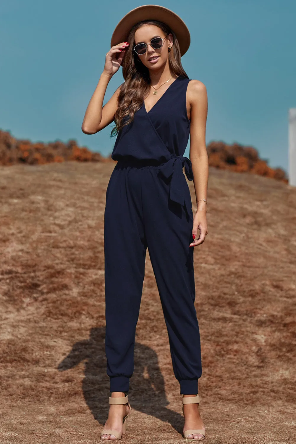 Deep V-Neck Sleeveless Solid Jumpsuit