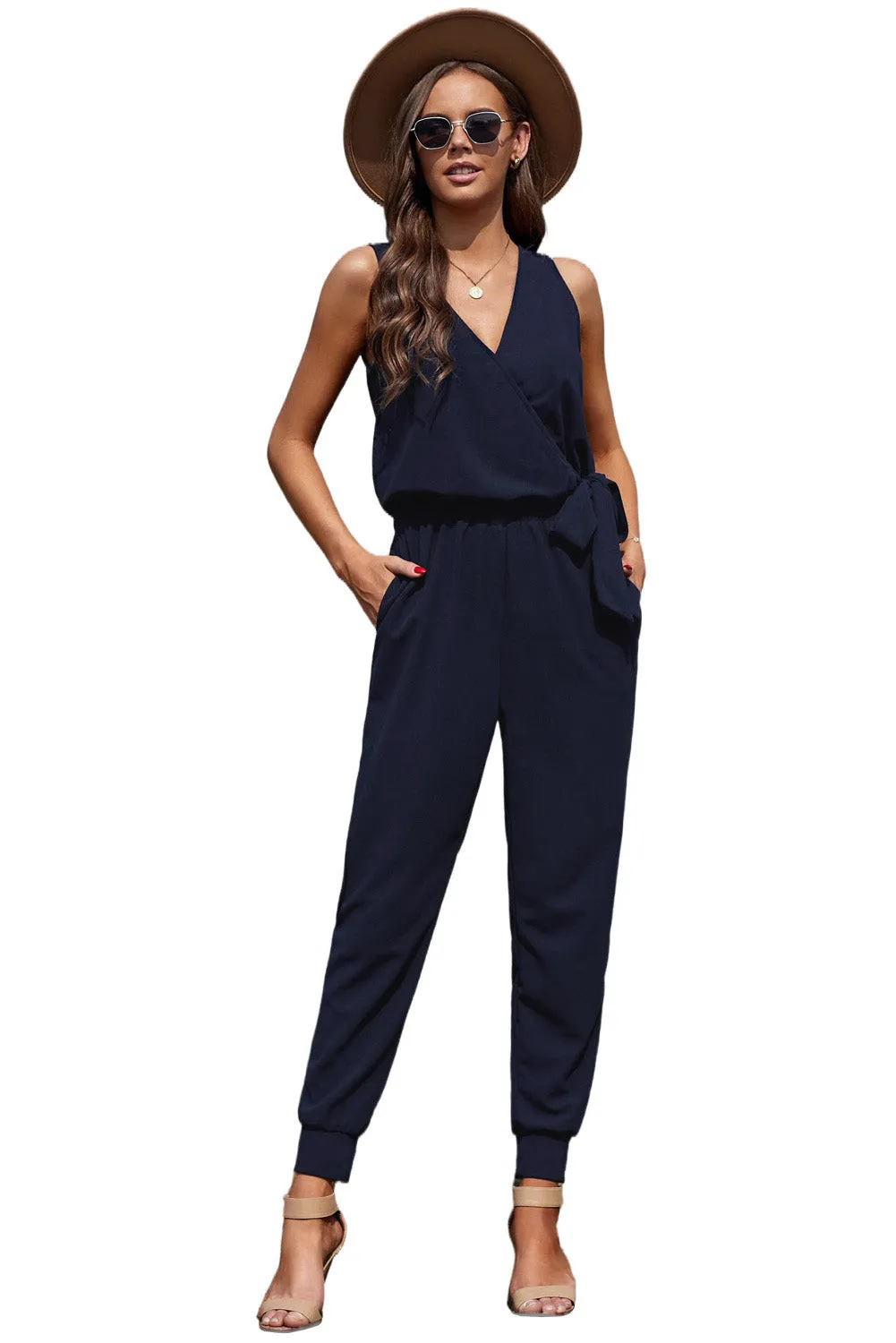 Deep V-Neck Sleeveless Solid Jumpsuit