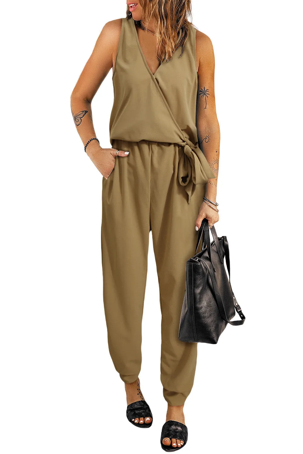 Deep V-Neck Sleeveless Solid Jumpsuit