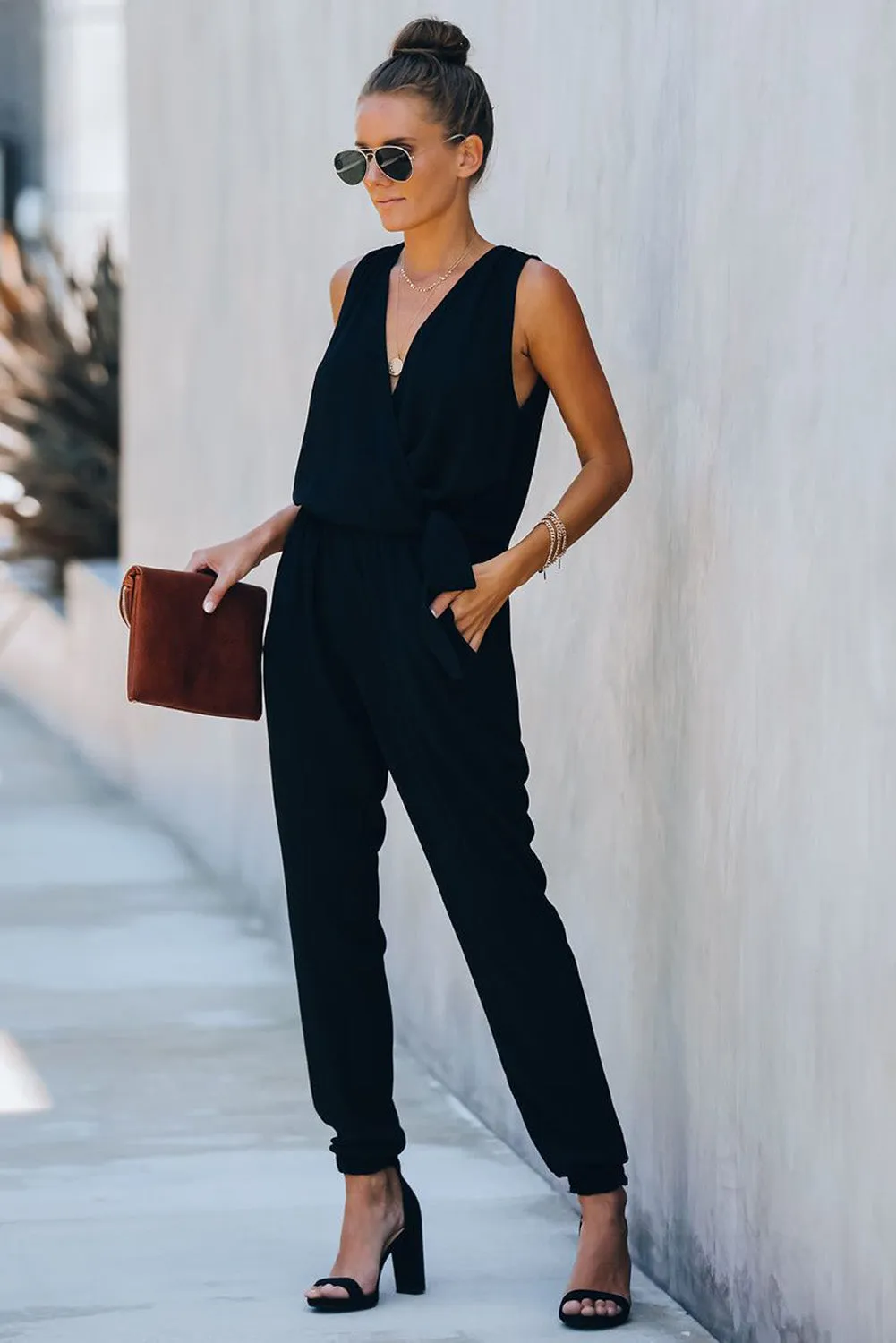 Deep V-Neck Sleeveless Solid Jumpsuit