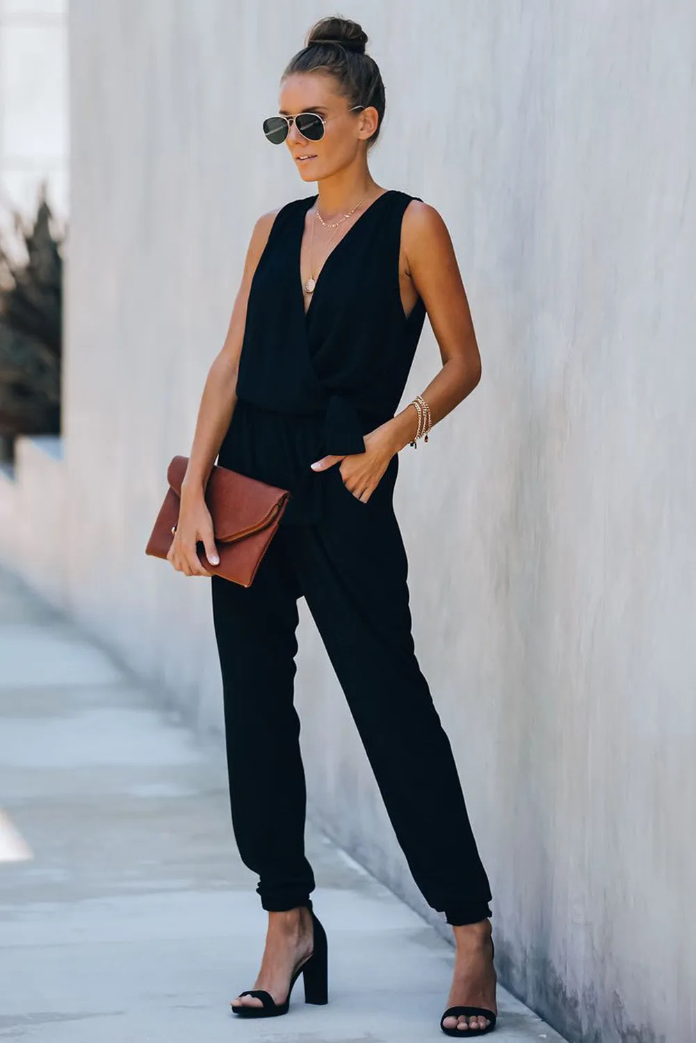 Deep V-Neck Sleeveless Solid Jumpsuit
