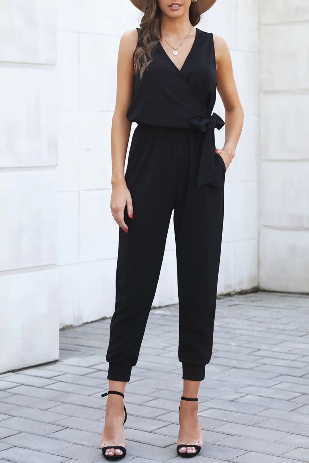 Deep V-Neck Sleeveless Solid Jumpsuit