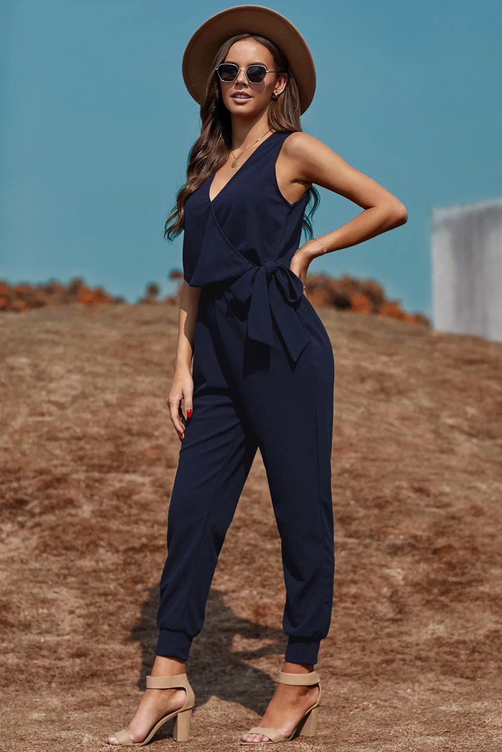 Deep V-Neck Sleeveless Solid Jumpsuit