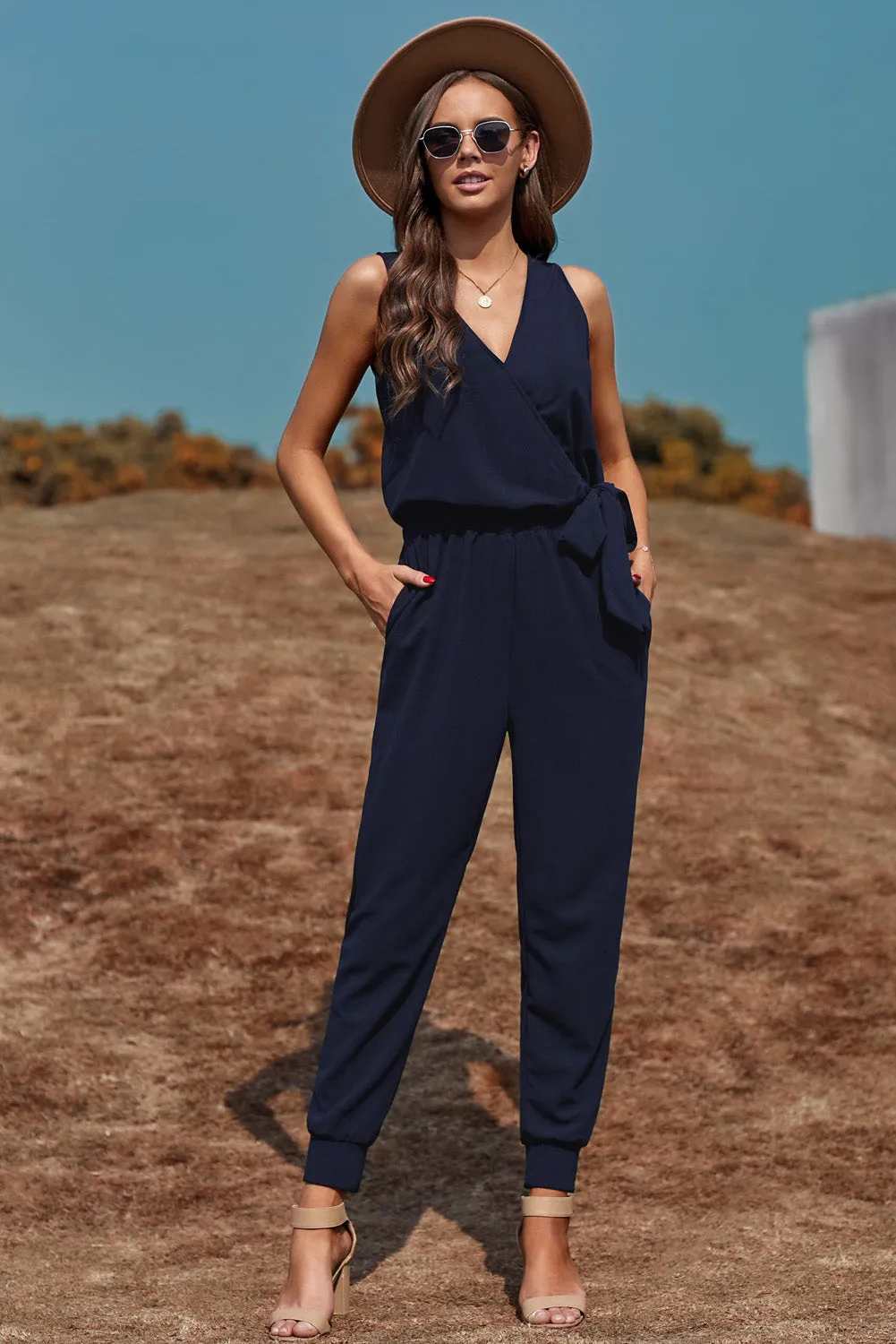 Deep V-Neck Sleeveless Solid Jumpsuit