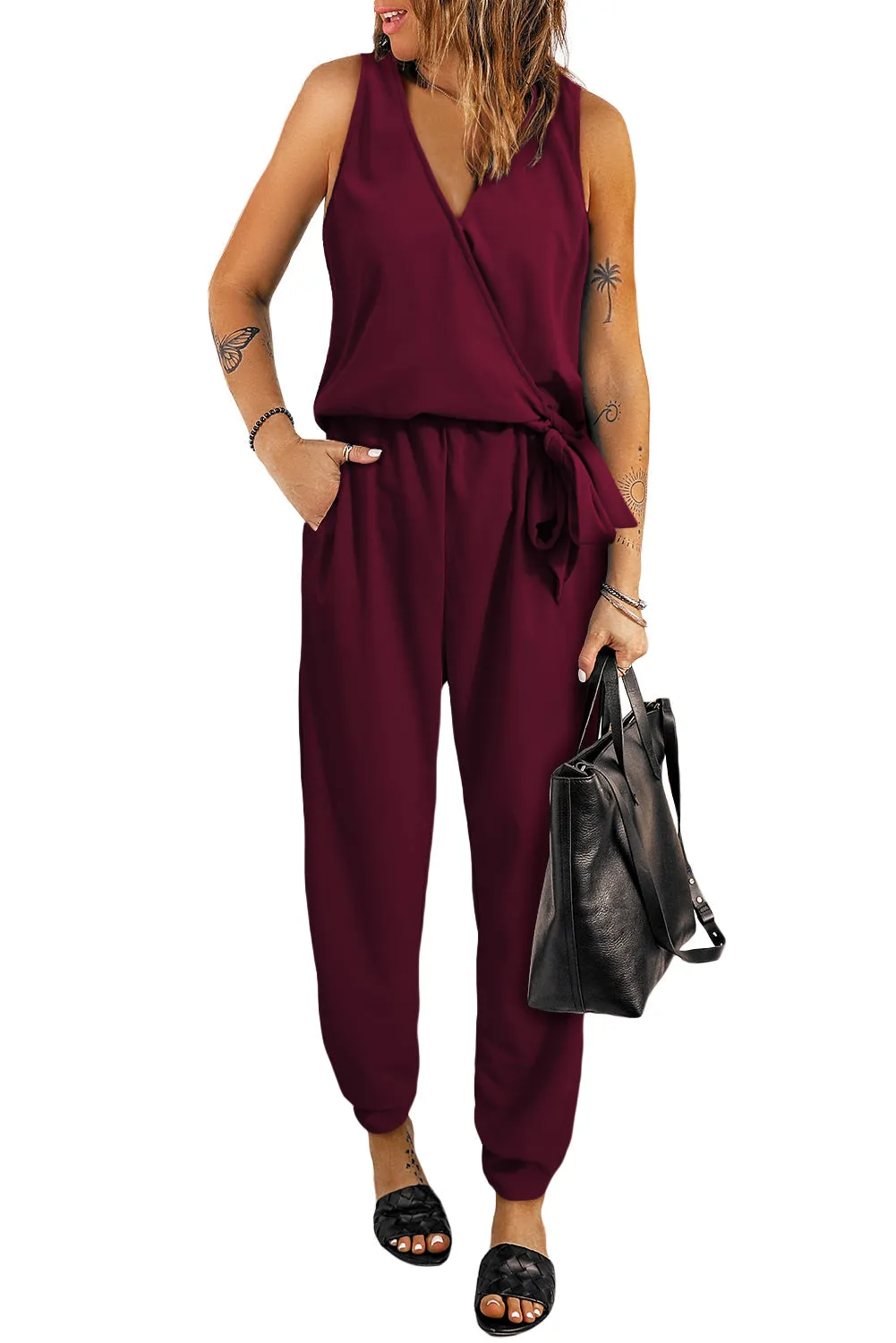 Deep V-Neck Sleeveless Solid Jumpsuit