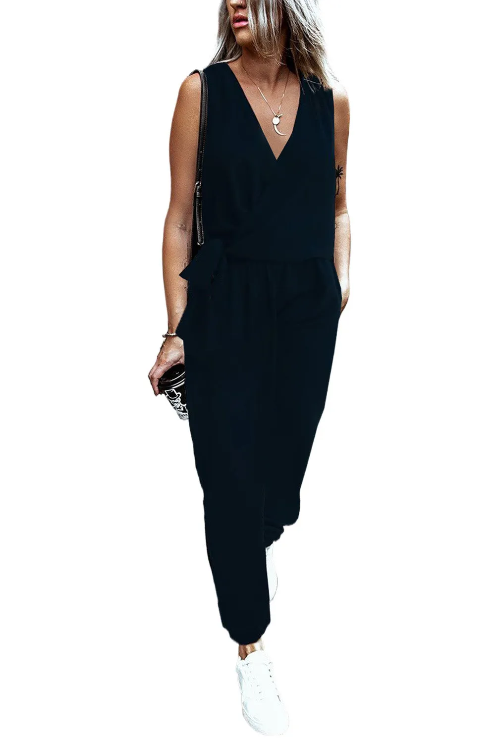 Deep V-Neck Sleeveless Solid Jumpsuit