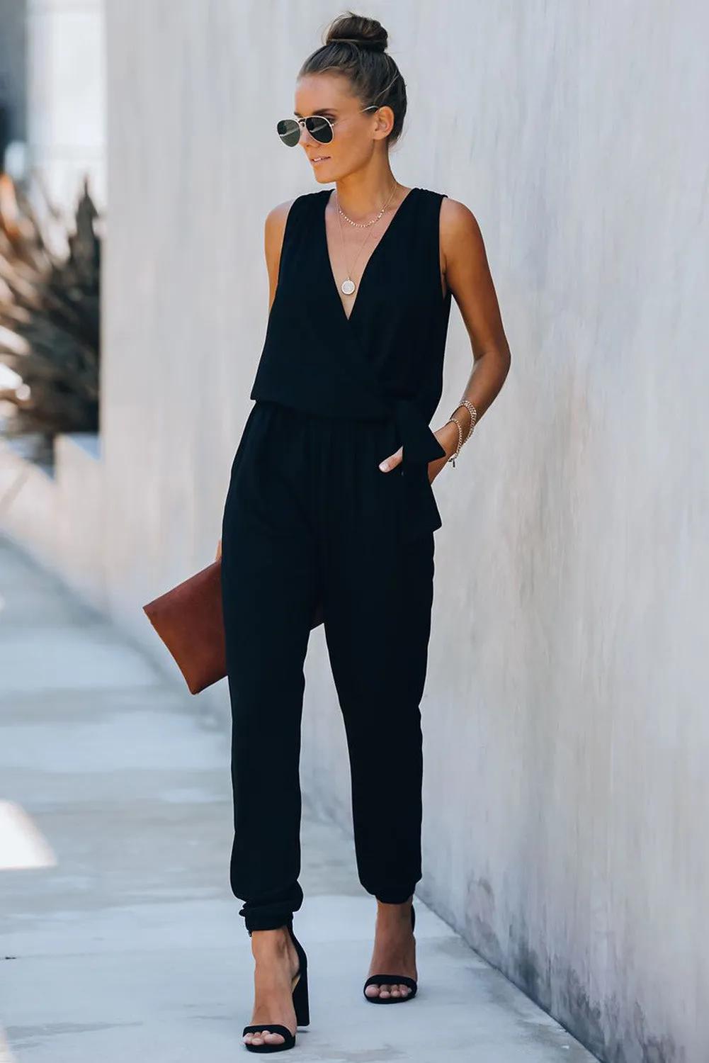 Deep V-Neck Sleeveless Solid Jumpsuit