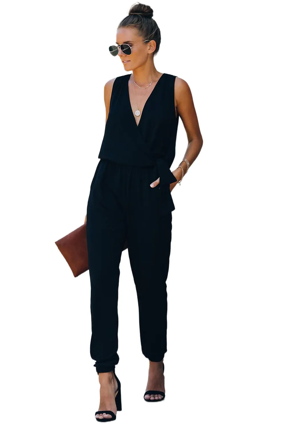 Deep V-Neck Sleeveless Solid Jumpsuit