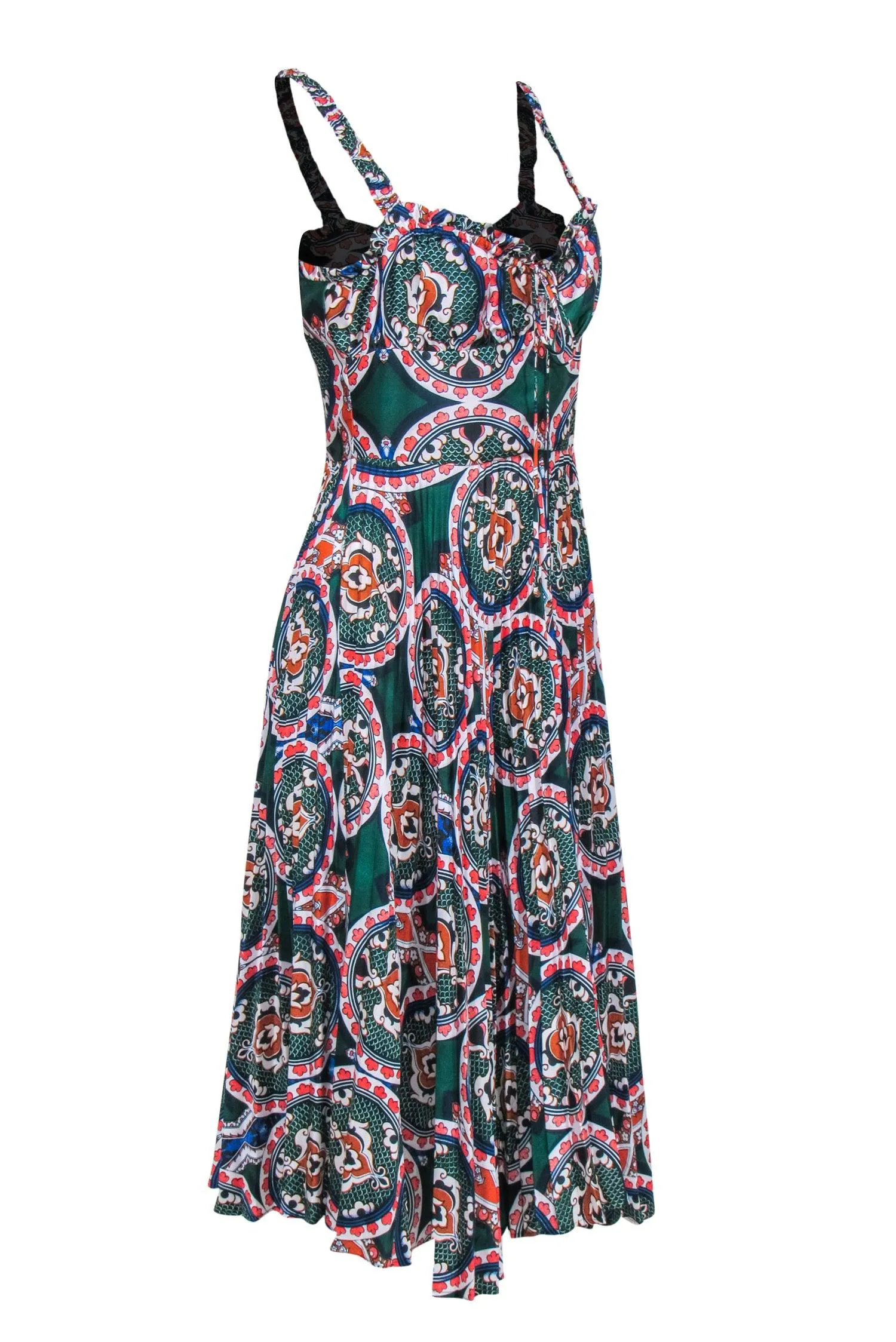 Delfi - Green, Orange & Navy Mosaic Print Empire Waist Midi Dress Sz M
