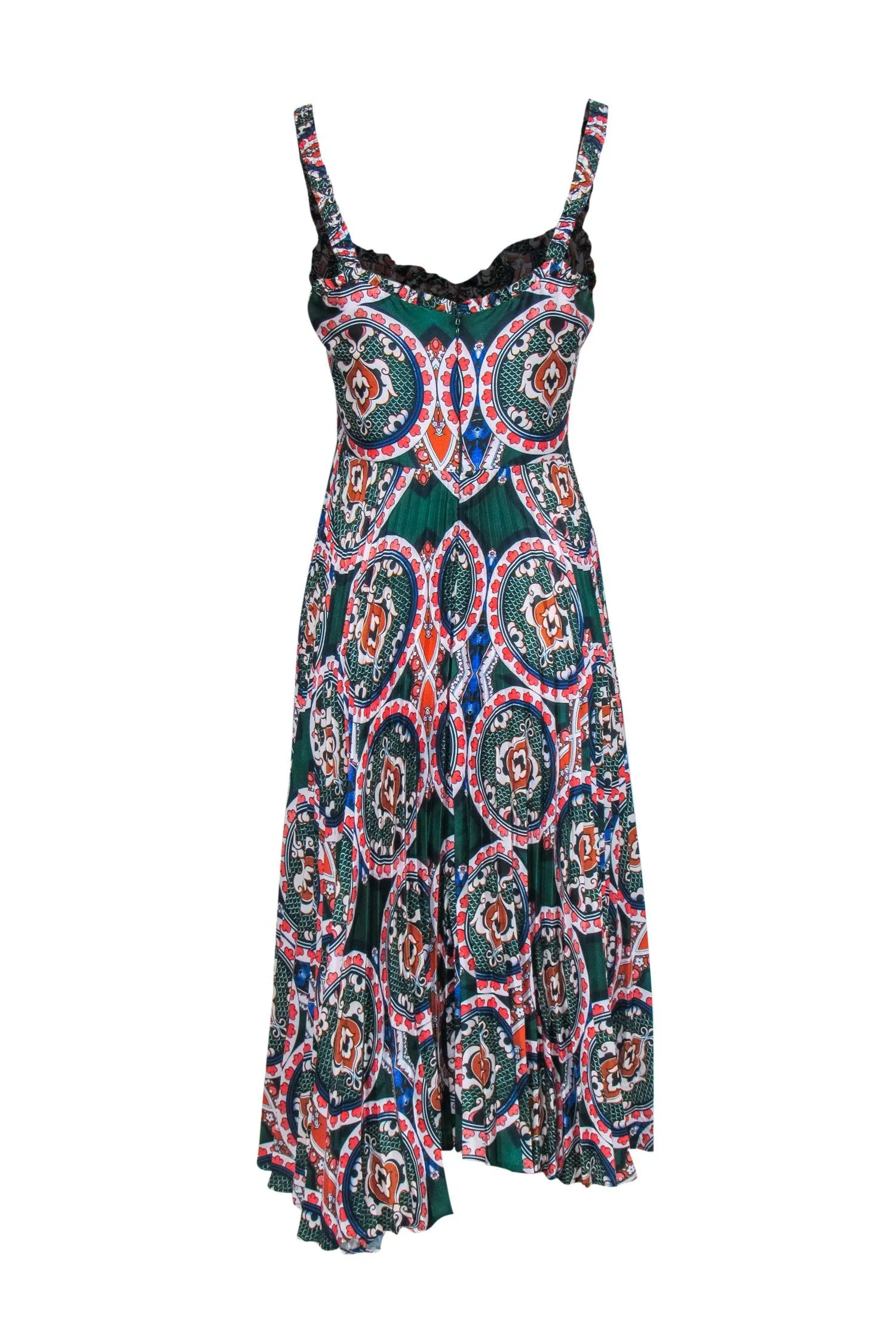 Delfi - Green, Orange & Navy Mosaic Print Empire Waist Midi Dress Sz M