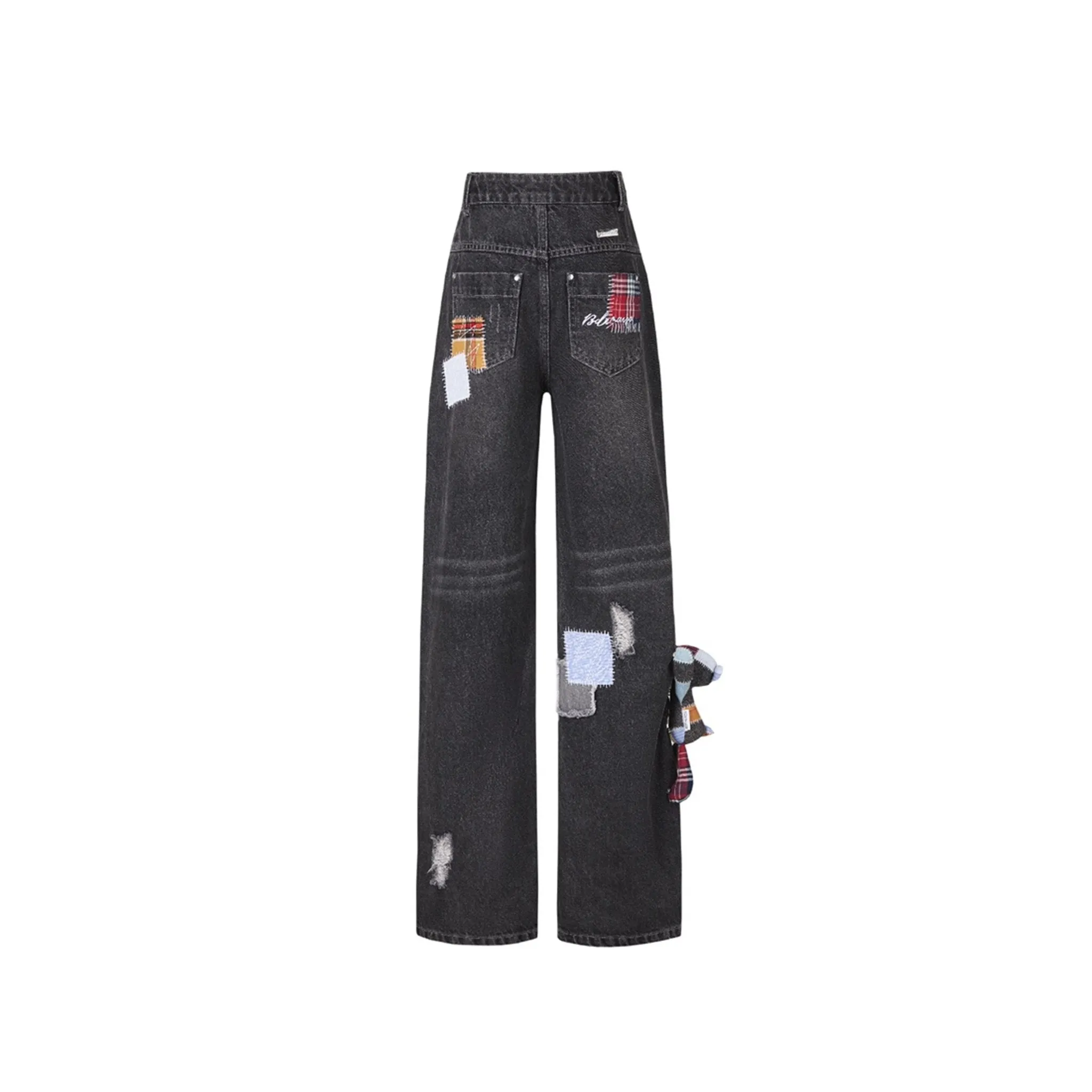 Denim Bear Plaid Patch Jeans in Black