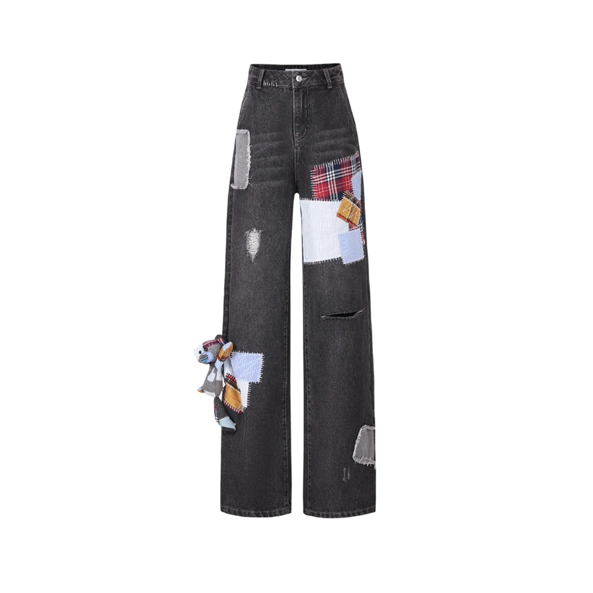 Denim Bear Plaid Patch Jeans in Black