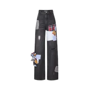 Denim Bear Plaid Patch Jeans in Black