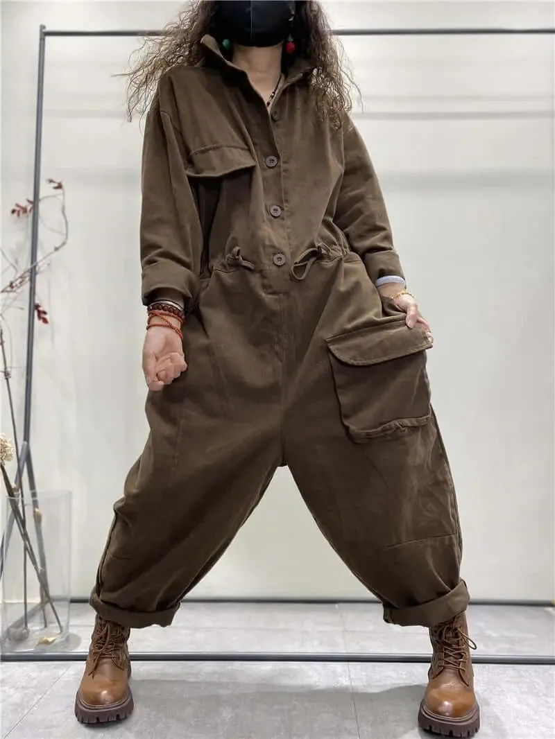 Denim Jumpsuit with Sleeves and Pockets for Women
