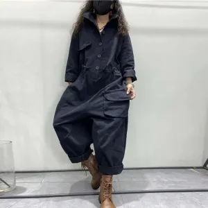 Denim Jumpsuit with Sleeves and Pockets for Women