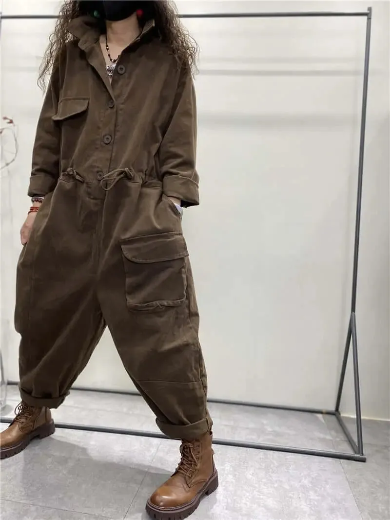Denim Jumpsuit with Sleeves and Pockets for Women