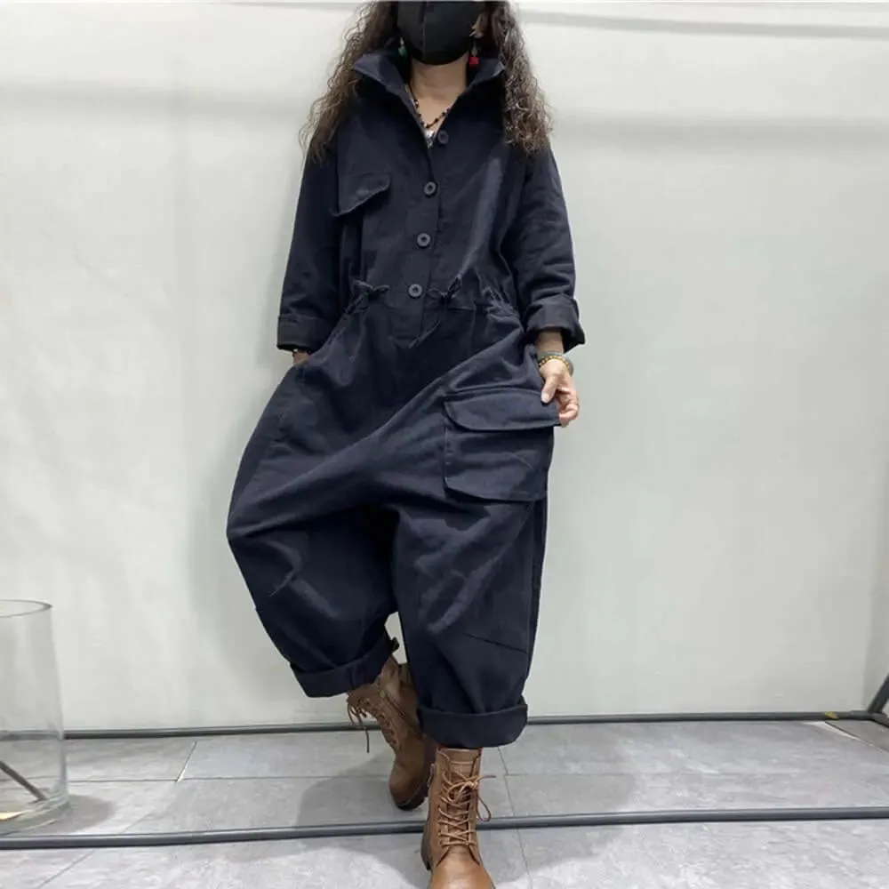 Denim Jumpsuit with Sleeves and Pockets for Women