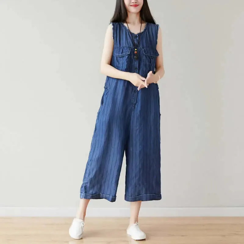 Denim Sleeveless Cropped Jumpsuit in Dark Blue Stripes for Women