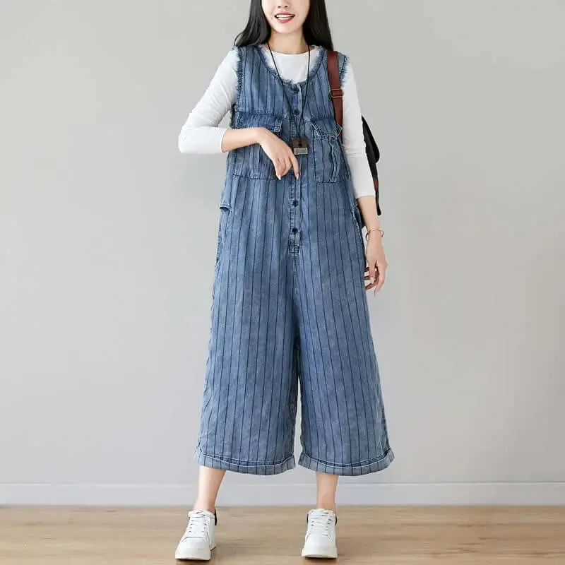 Denim Sleeveless Cropped Jumpsuit in Dark Blue Stripes for Women
