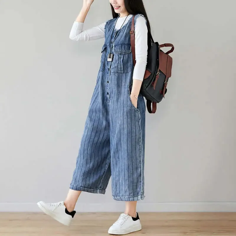Denim Sleeveless Cropped Jumpsuit in Dark Blue Stripes for Women