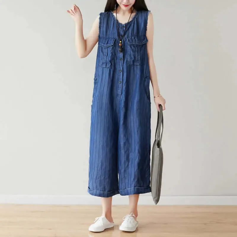 Denim Sleeveless Cropped Jumpsuit in Dark Blue Stripes for Women