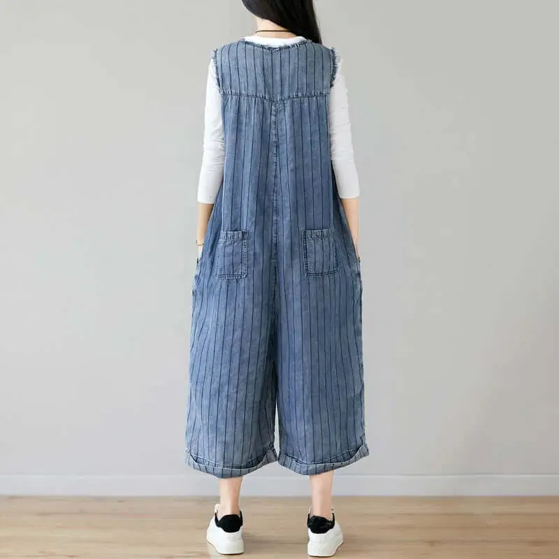 Denim Sleeveless Cropped Jumpsuit in Dark Blue Stripes for Women