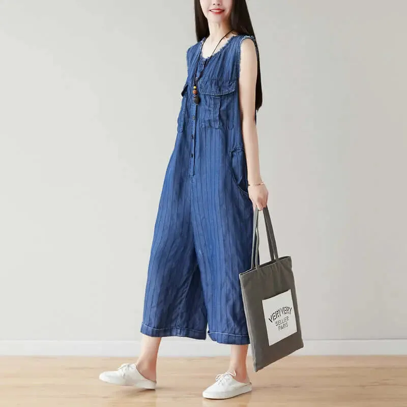 Denim Sleeveless Cropped Jumpsuit in Dark Blue Stripes for Women