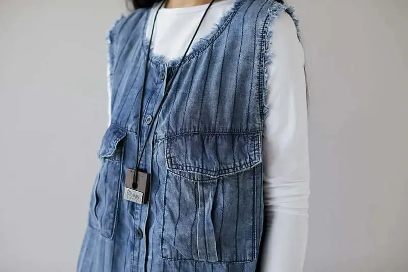 Denim Sleeveless Cropped Jumpsuit in Dark Blue Stripes for Women