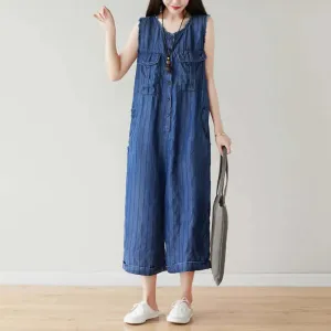 Denim Sleeveless Cropped Jumpsuit in Dark Blue Stripes for Women