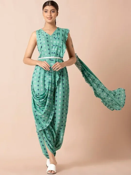 Designer Indian Sea Green Floral Boota Jumpsuit with Attached Dupatta