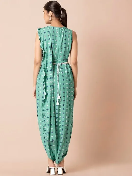 Designer Indian Sea Green Floral Boota Jumpsuit with Attached Dupatta