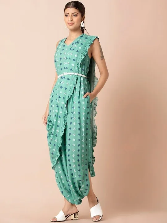 Designer Indian Sea Green Floral Boota Jumpsuit with Attached Dupatta