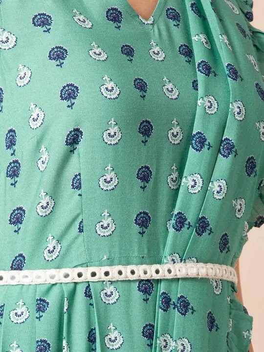 Designer Indian Sea Green Floral Boota Jumpsuit with Attached Dupatta