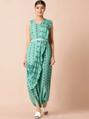 Designer Indian Sea Green Floral Boota Jumpsuit with Attached Dupatta