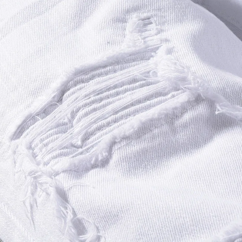 Destroyed Ripped Men Patchwork White Jeans Pants