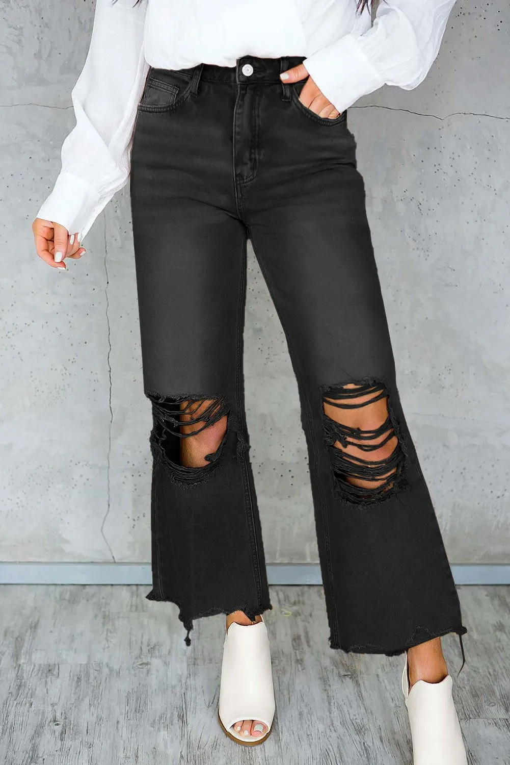 Distressed Hollow Out High Waist Flare Jeans - Edgy Fashion