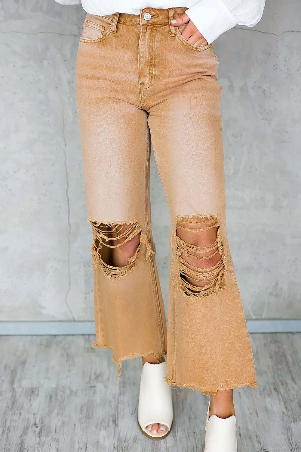 Distressed Hollow Out High Waist Flare Jeans - Edgy Fashion
