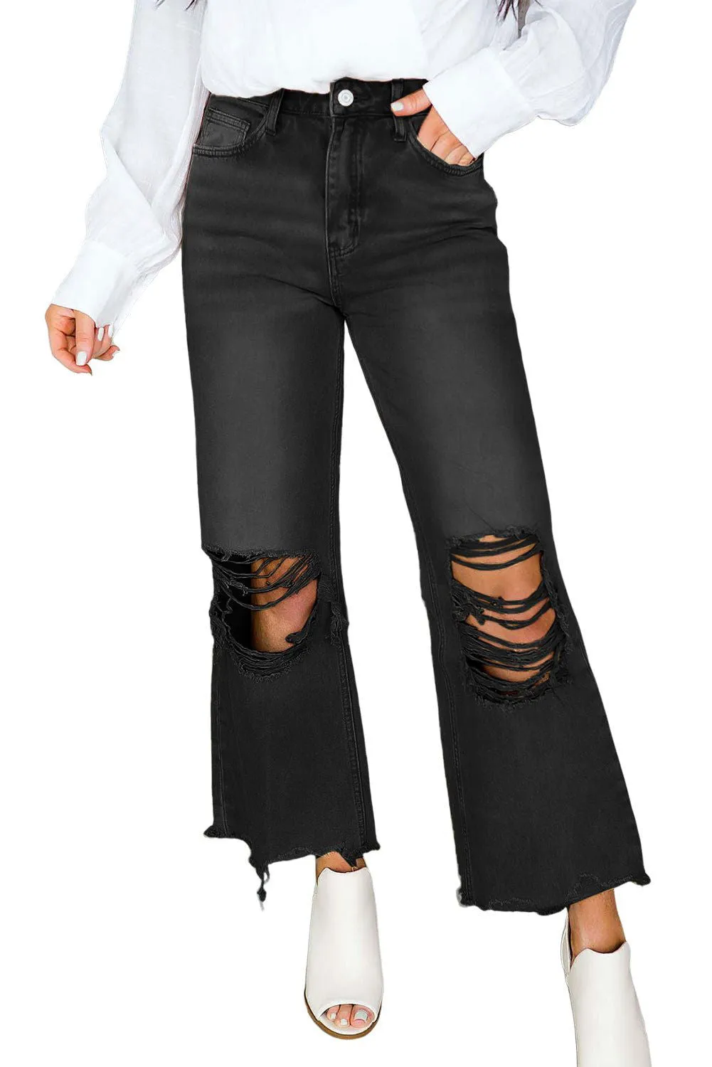 Distressed Hollow Out High Waist Flare Jeans - Edgy Fashion
