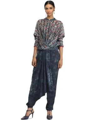 Draped Jumpsuit with 3D Embroidered Flowers- Teal