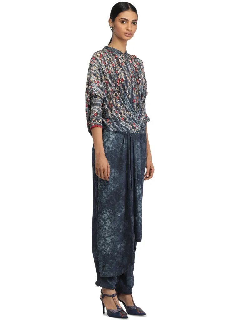 Draped Jumpsuit with 3D Embroidered Flowers- Teal