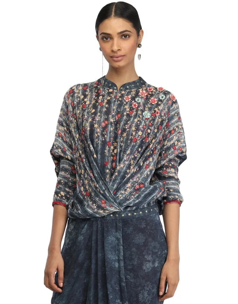 Draped Jumpsuit with 3D Embroidered Flowers- Teal