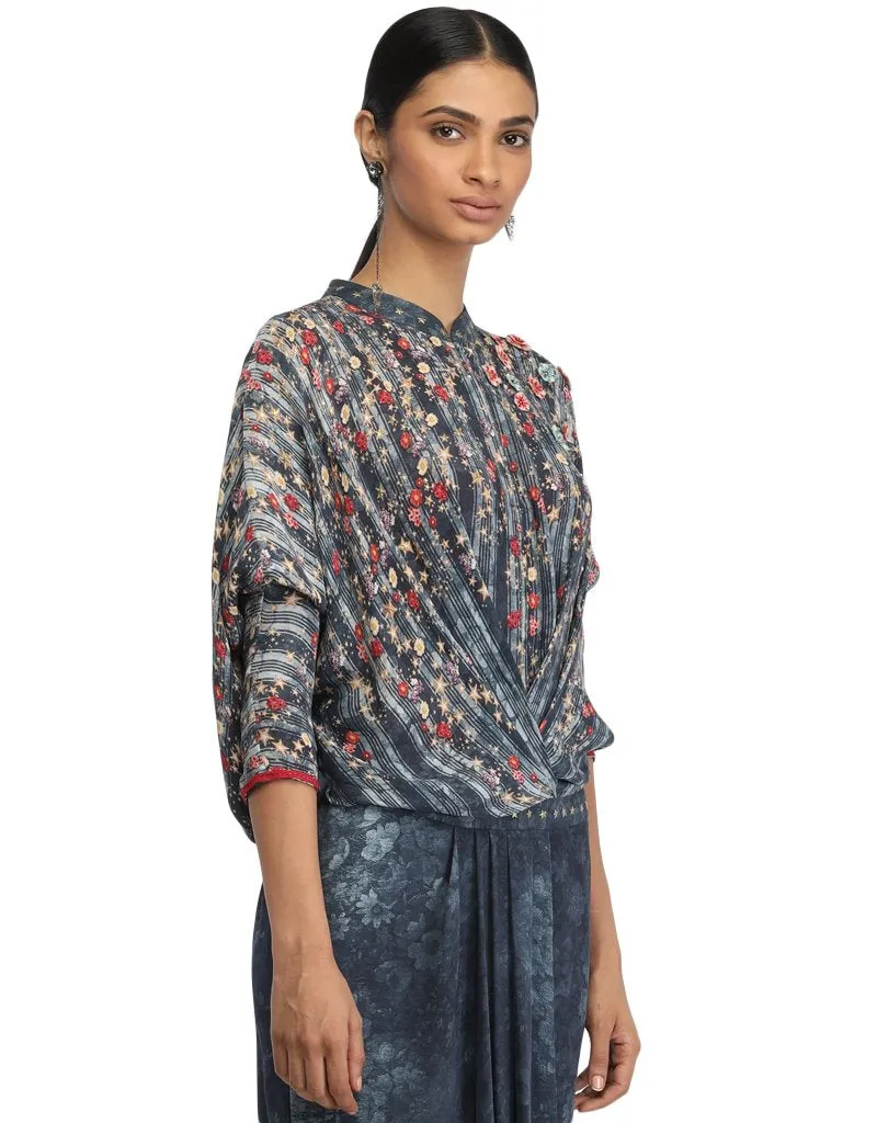 Draped Jumpsuit with 3D Embroidered Flowers- Teal