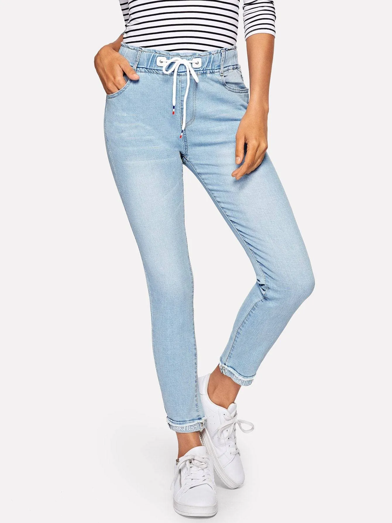 Drawstring Waist Raw Hem Skinny Crop Jeans