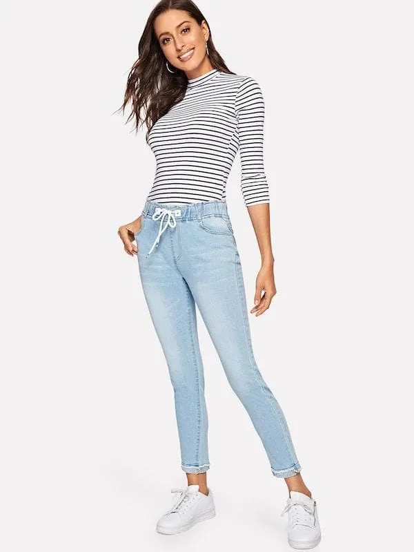 Drawstring Waist Raw Hem Skinny Crop Jeans