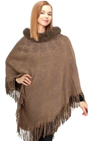 EAP9470 Fur Neckline Knit Poncho w/Tassels