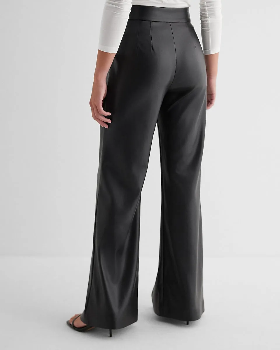 Editor High Waisted Faux Leather Trouser Flare Pant in Pitch Black
